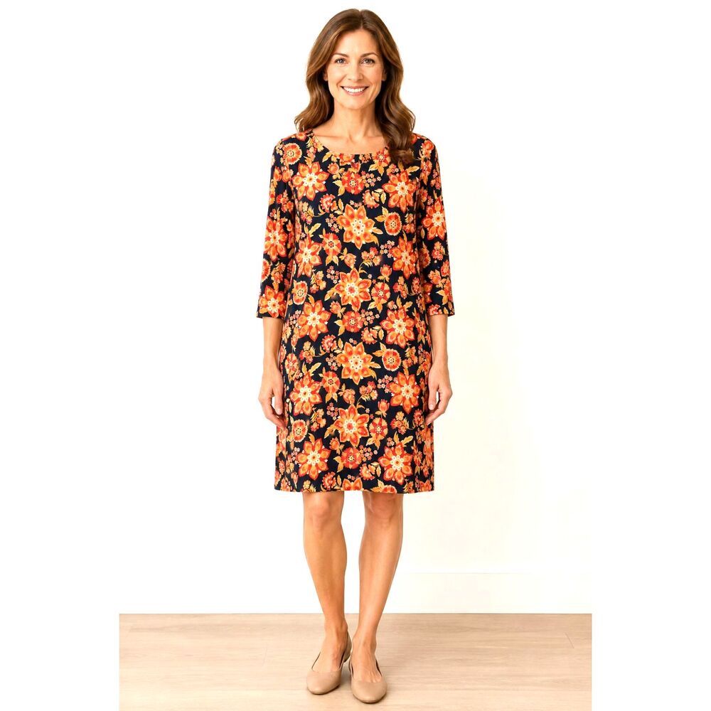J Jill 12 Navy Floral Shift Dress 3/4 Sleeve Rayon Knee Length